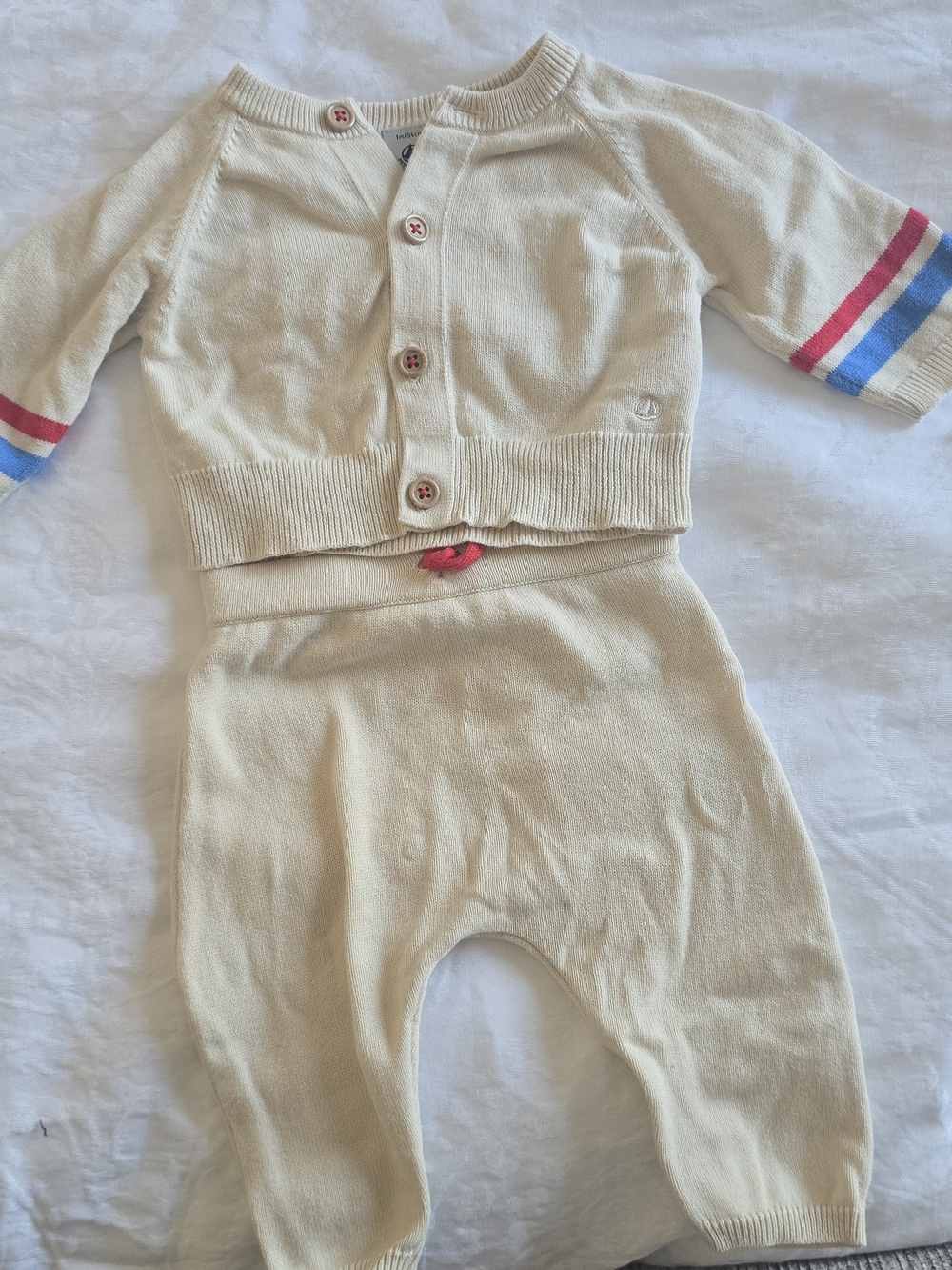 Petit Bateau Cream Knit Two-Piece Set with Red and Blue Trim